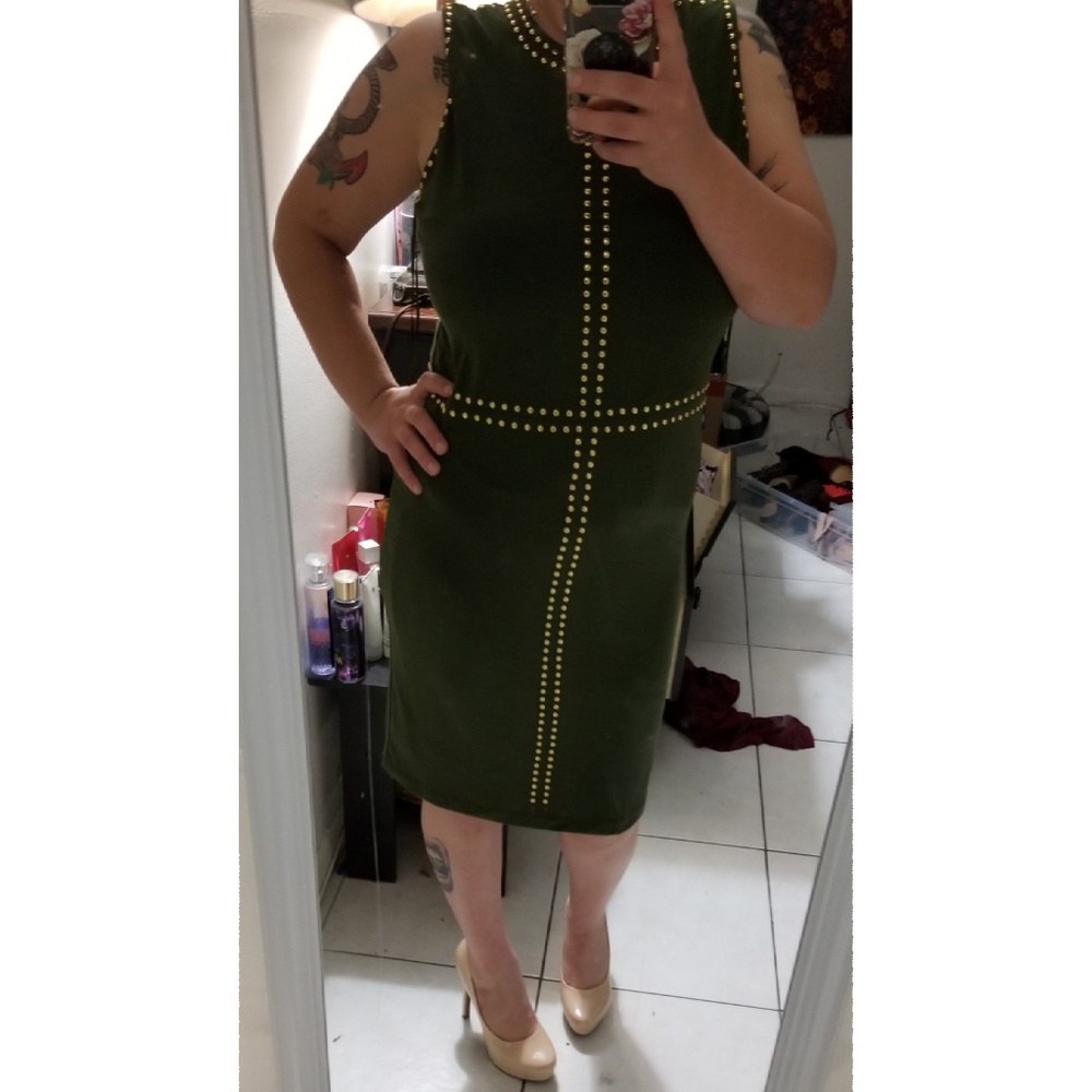 Navy green dress with gold buttons